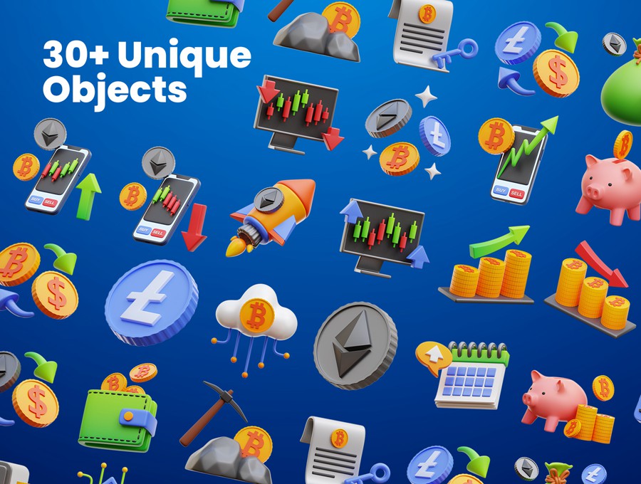 32款高级加密货币比特币金融理财3D图标Icons设计Blender/PNG格式素材 Cryptocurrency 3D Icons 图标素材 sucaiwan.com