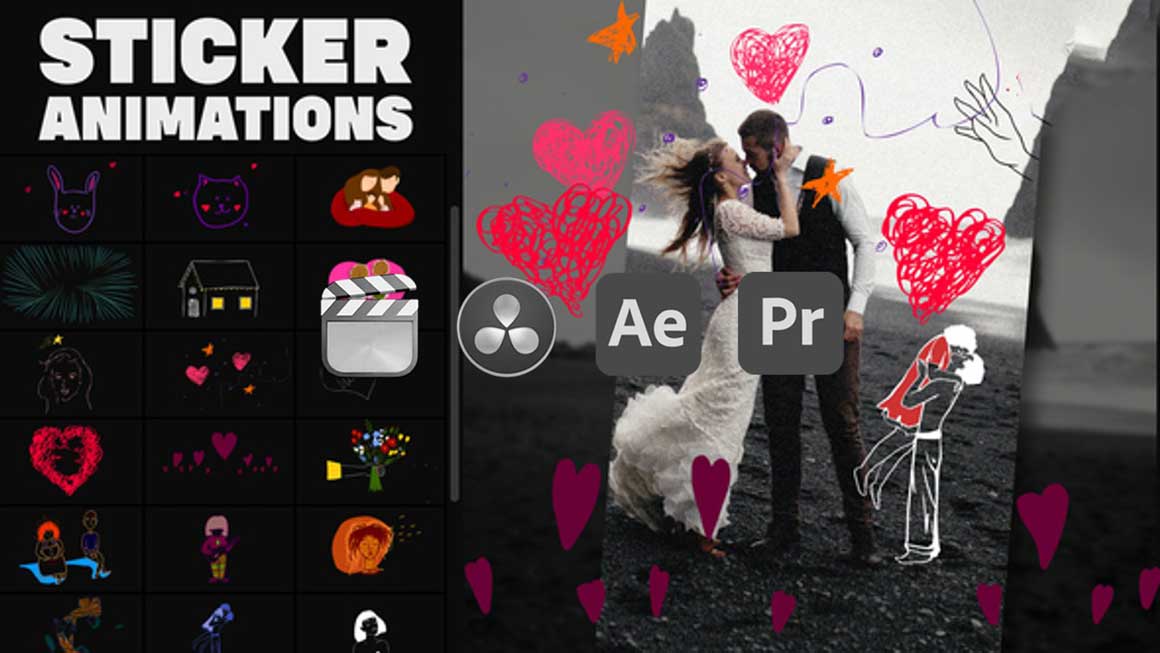 AE/PR/FCPX/达芬奇模板：浪漫情人节爱情婚礼爱心活力涂鸦手绘元素动画模板 , sucaiwan.com