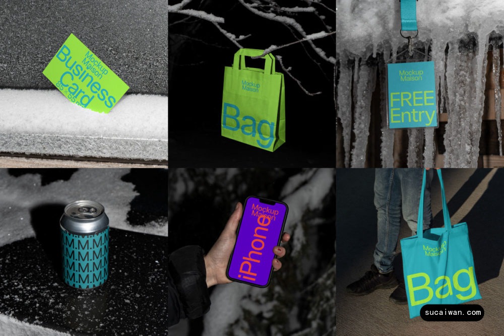9款雪景场景VI设计手提袋名片ID卡易拉罐iPhone手机展示PS贴图样机模板 Mockup.Maison – Snow Mockup Collection Vol 1 样机素材 sucaiwan.com
