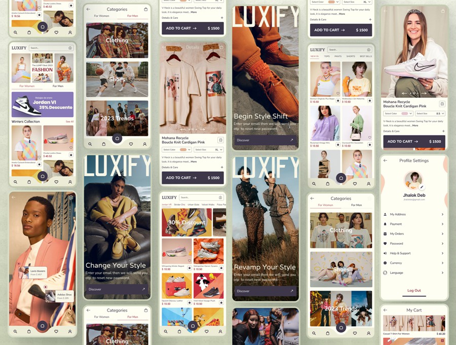 28+屏高级服装鞋子在线购买电子商城APP UI界面设计Figma模板套件素材 LUXIFY- Ecommerce Fashion App APP UI sucaiwan.com