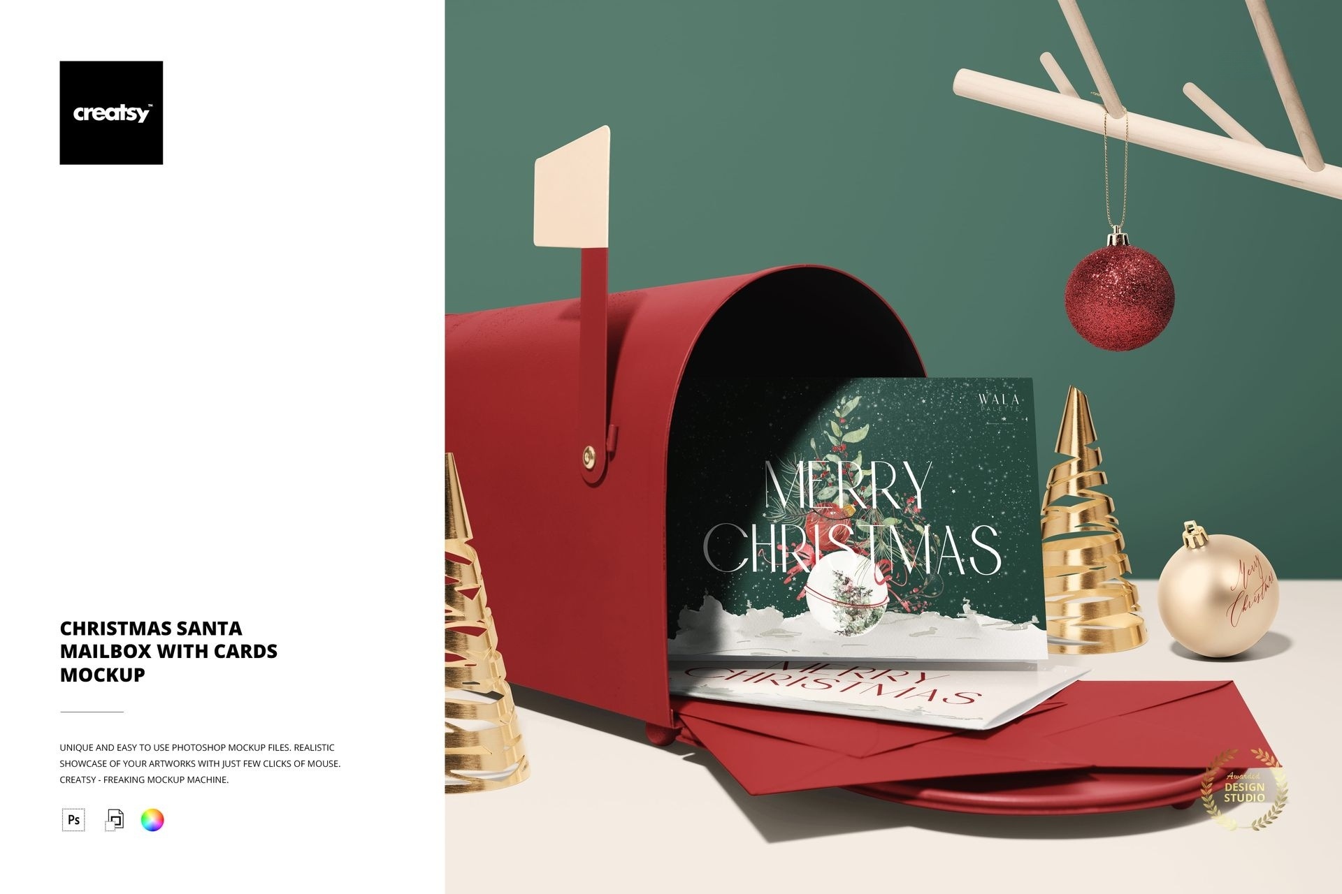 时尚圣诞节贺卡卡片明信片设计展示效果图PS贴图样机MOCKUP模板素材 Christmas Santa Mailbox with Cards Mockup by Creatsy 样机素材 sucaiwan.com