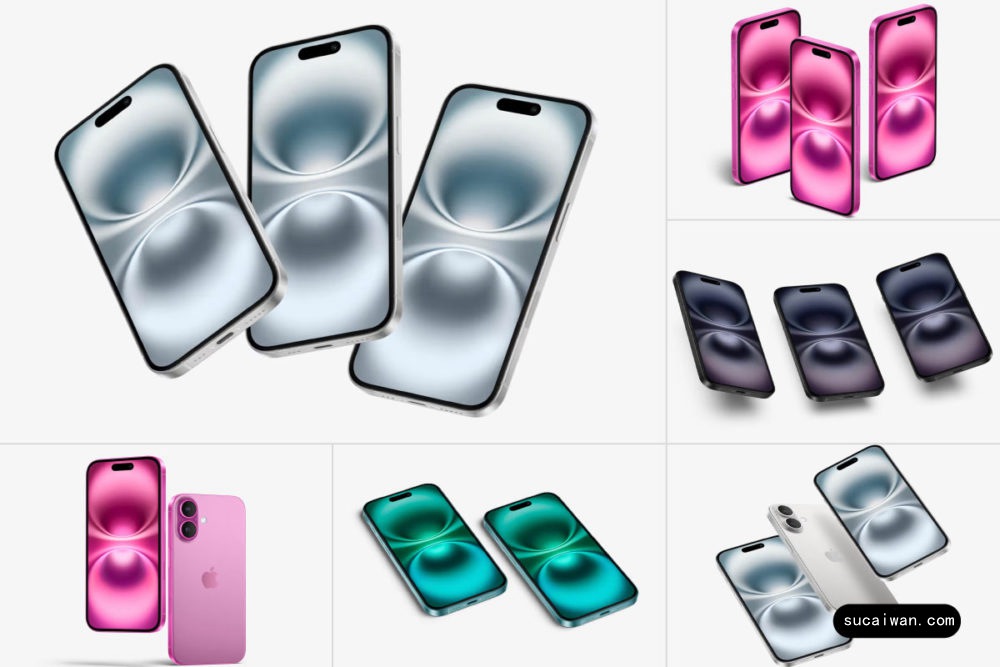 23款超逼真苹果iPhone 16手机UI广告设计展示贴图样机PS/Figma/Sketch格式素材 iPhone 16 Mockups 样机素材 sucaiwan.com
