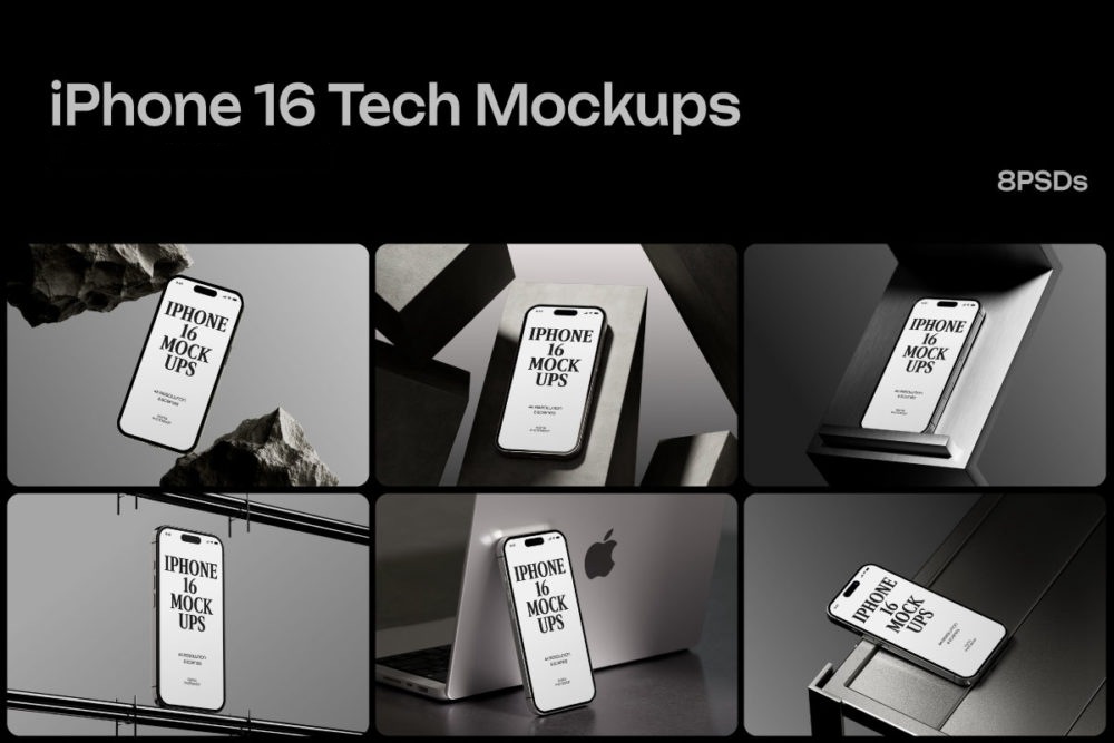 8款暗黑系工业风UI界面设计苹果iPhone 16手机展示贴图Ps/Figma样机素材 iPhone 16 Tech Mockups 样机素材 sucaiwan.com
