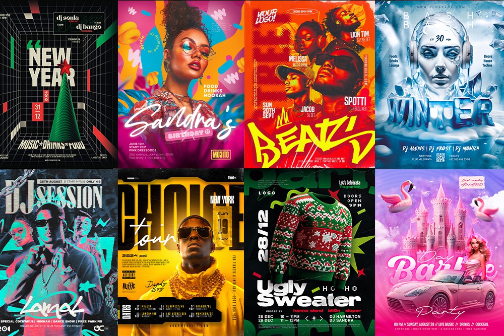 34款新年圣诞节跨年夜店酒吧派对庆祝人物海报排版PSD分层源文件设计套装Christmas New Year Party Posters 设计素材 sucaiwan.com