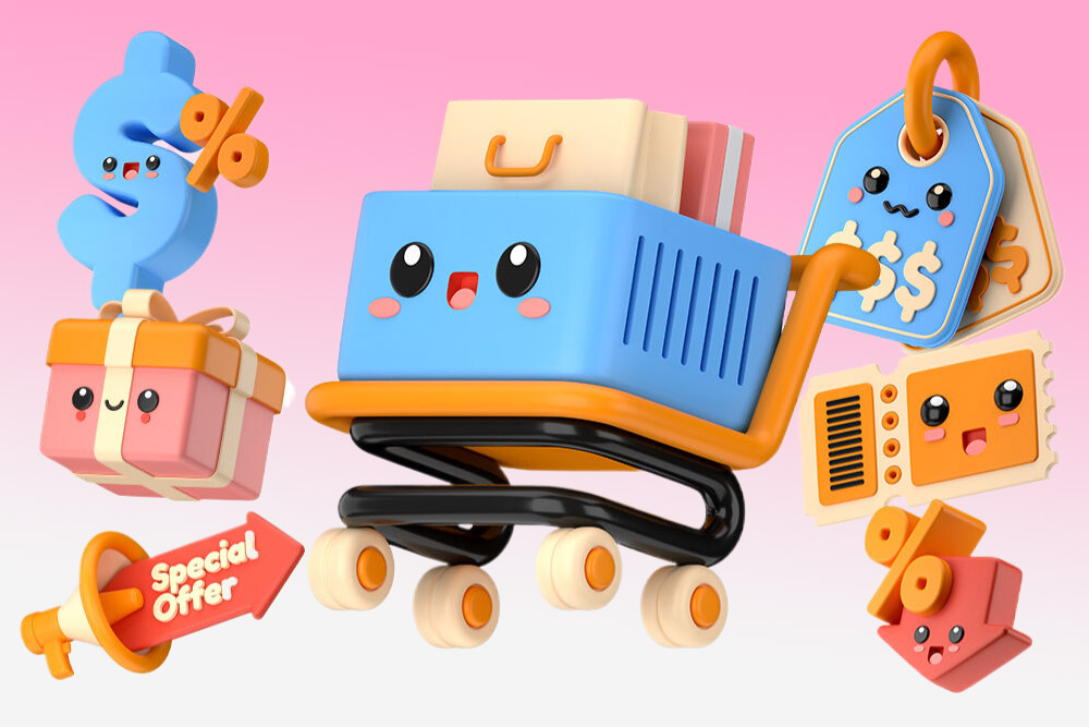 12款3D趣味在线购物促销打折标语PNG插画插图Blender模型设计套装Cute Promo And Discount 3D Icon Pack 图标素材 sucaiwan.com