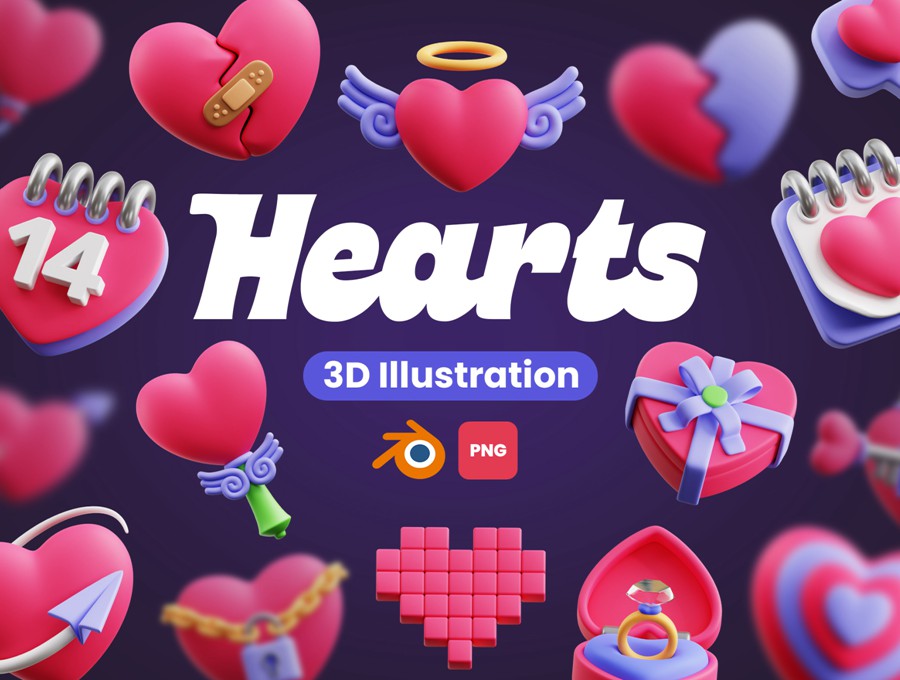 50款3D趣味卡通爱心情人节七夕icon图标Blender插画模型设计套装Hearts 3D Icons 图标素材 sucaiwan.com