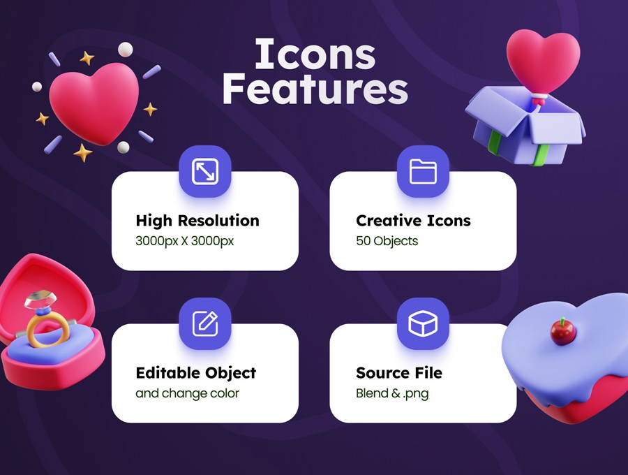 50款3D趣味卡通爱心情人节七夕icon图标Blender插画模型设计套装Hearts 3D Icons 图标素材 sucaiwan.com