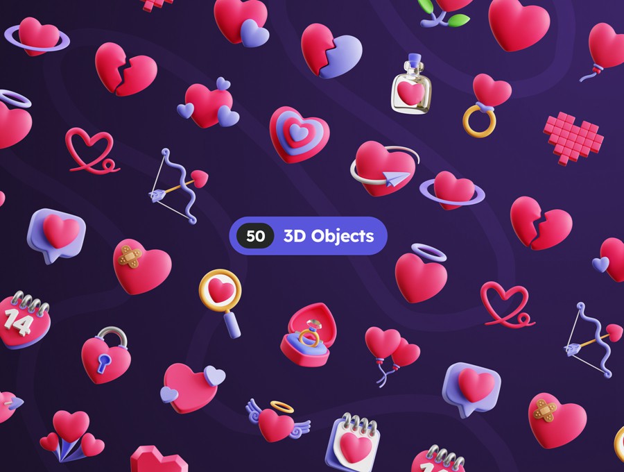 50款3D趣味卡通爱心情人节七夕icon图标Blender插画模型设计套装Hearts 3D Icons 图标素材 sucaiwan.com