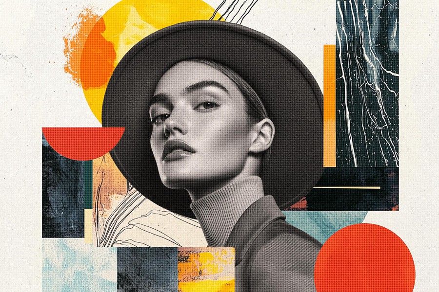 潮流前卫粗糙碎片纹理做旧半色调抽象艺术照片效果PS特效滤镜插件样机 Abstract Collage Photo Effect 插件预设 sucaiwan.com