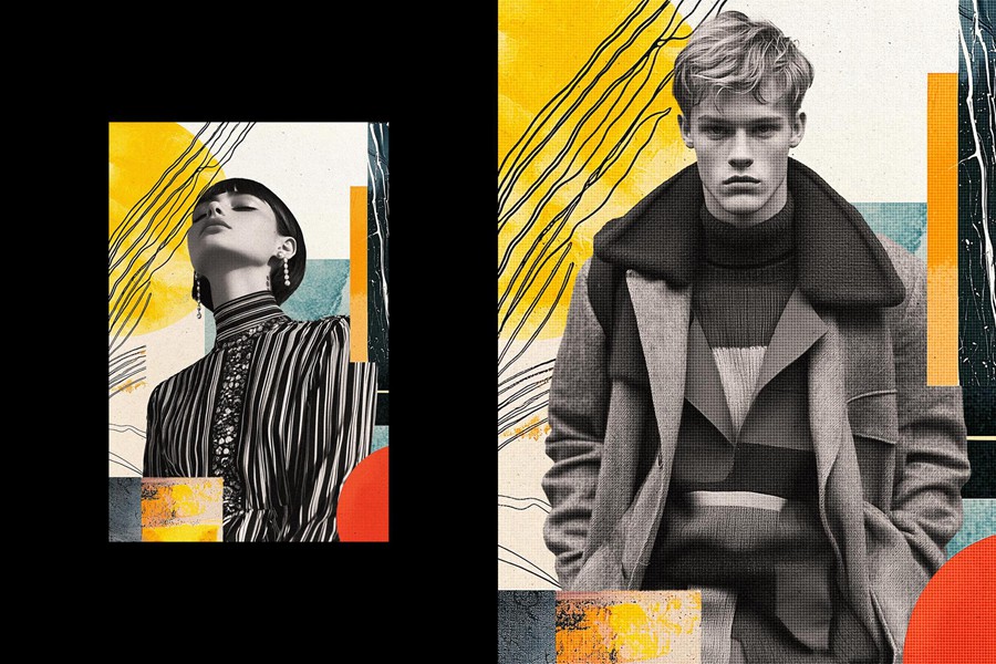 潮流前卫粗糙碎片纹理做旧半色调抽象艺术照片效果PS特效滤镜插件样机 Abstract Collage Photo Effect 插件预设 sucaiwan.com