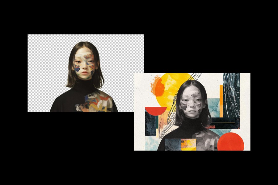 潮流前卫粗糙碎片纹理做旧半色调抽象艺术照片效果PS特效滤镜插件样机 Abstract Collage Photo Effect 插件预设 sucaiwan.com