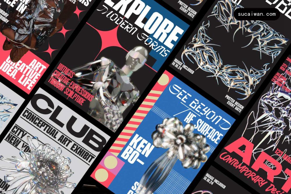 12款潮流金属镀铬3D立体抽象艺术图形酸性海报设计EPS矢量模板素材 Abstract Metal Chrome Acid Sale Poster Template 设计素材 sucaiwan.com