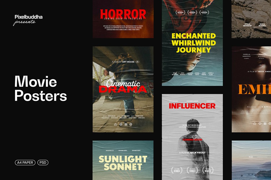 12款现代极简A4电影海报标题排版PSD模板设计套装Movie Posters Collection 图片素材 第1张-素材湾丨精选海外优质设计素材资源 12款现代极简A4电影海报标题排版PSD模板设计套装Movie Posters Collection 图片素材 sucaiwan.com