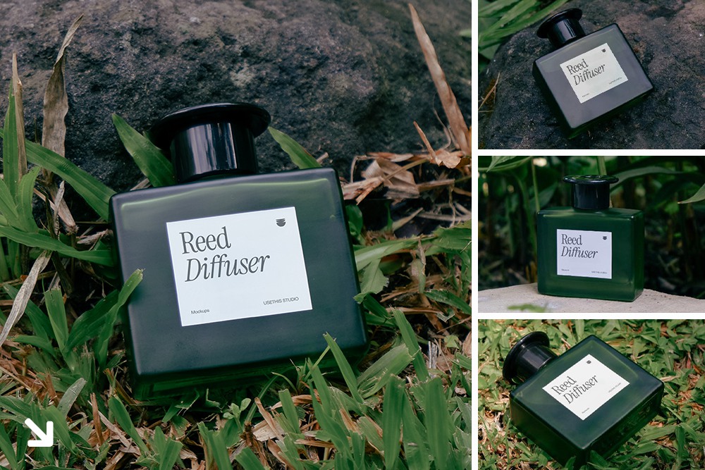 7款户外自然奢华香水瓶玻璃瓶包装标签设计展示PSD样机套装Reed Diffuser Bottle Mockup 样机素材 sucaiwan.com