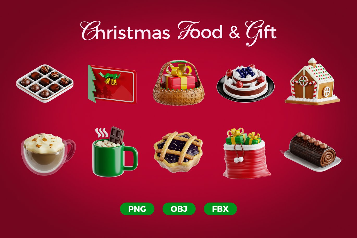 圣诞节食品美食礼物3D插图图标Icons设计PNG/FBX/OBJ格式素材 Christmas Food & Gift 3D Icon Set 图标素材 sucaiwan.com