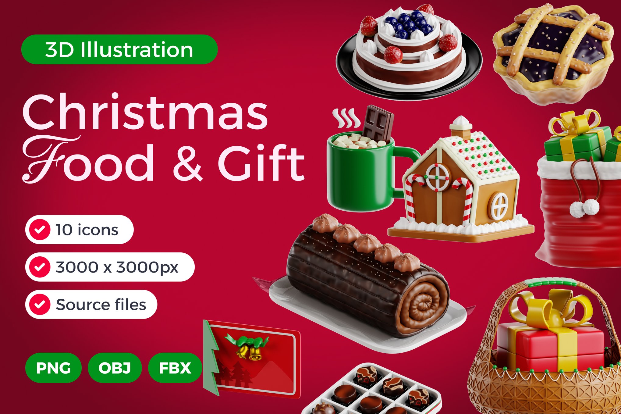 圣诞节食品美食礼物3D插图图标Icons设计PNG/FBX/OBJ格式素材 Christmas Food & Gift 3D Icon Set 图标素材 sucaiwan.com