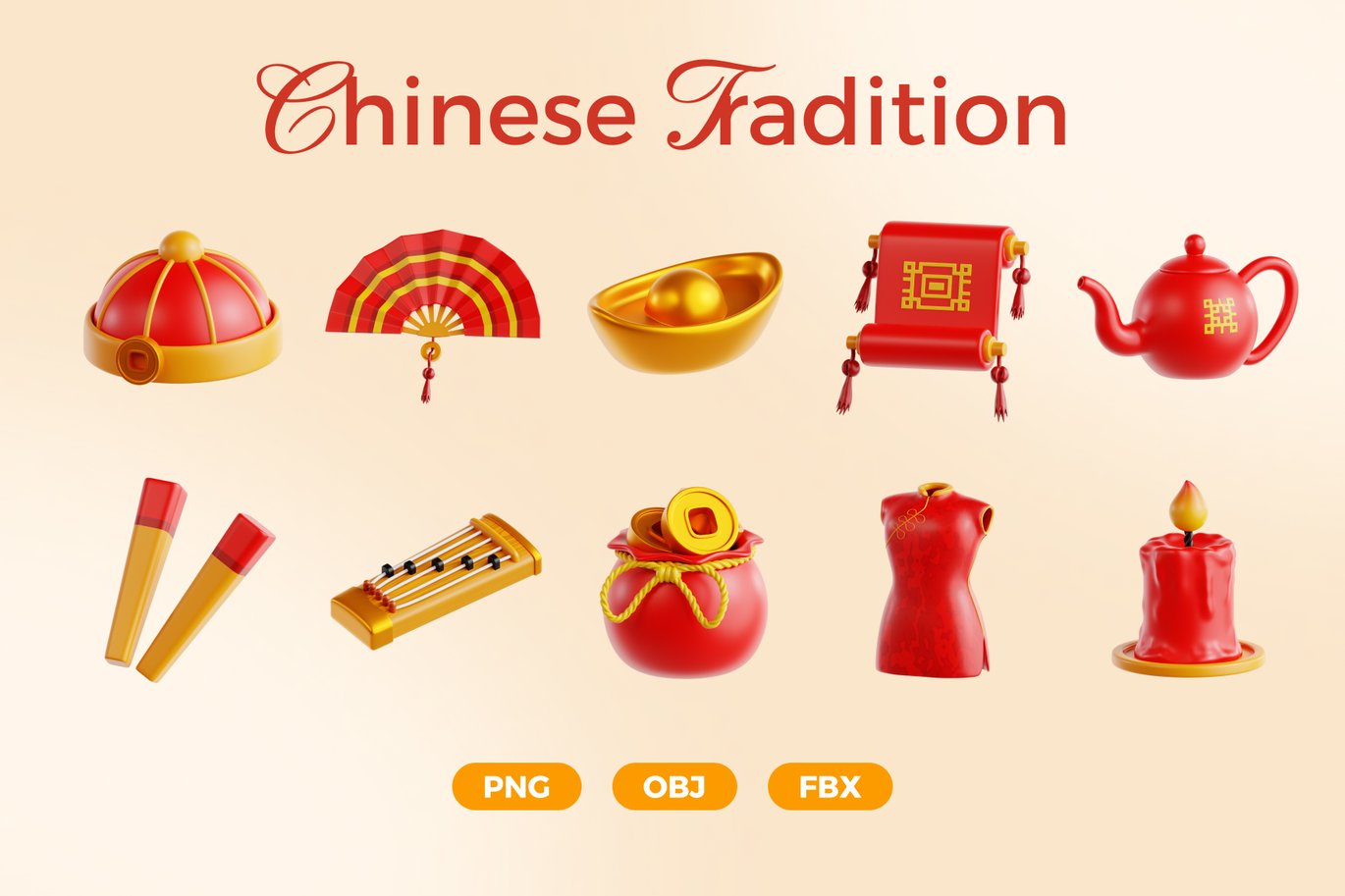 中国传统农历新年春节3D图标插图设计PNG/OBJ/FBX格式素材 Chinese Tradition 3D Icon Set 图标素材 sucaiwan.com