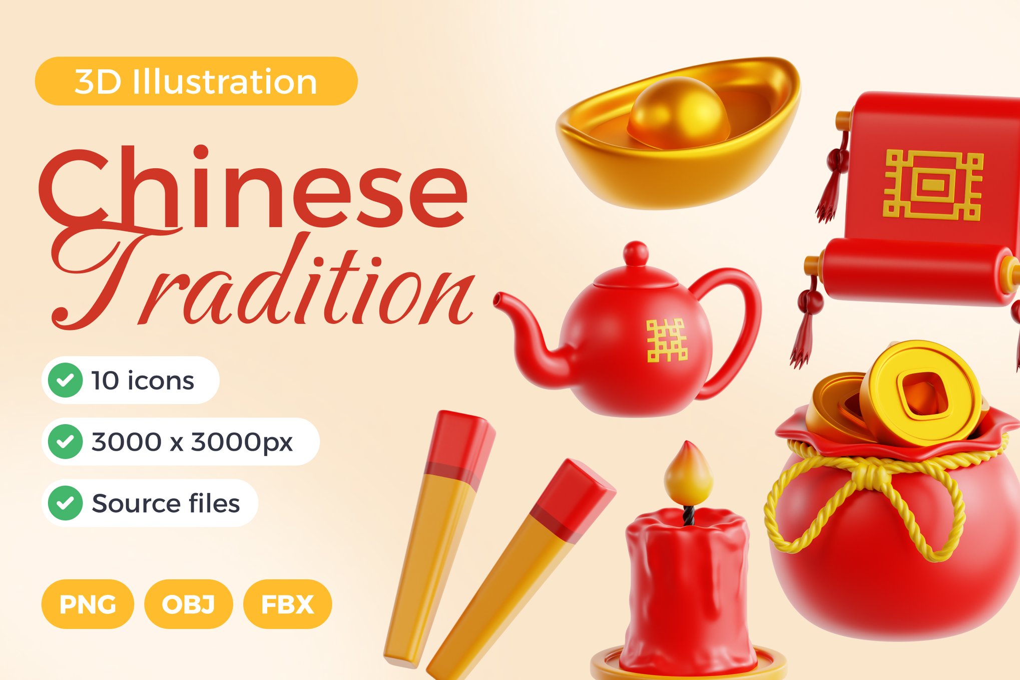 中国传统农历新年春节3D图标插图设计PNG/OBJ/FBX格式素材 Chinese Tradition 3D Icon Set 图标素材 sucaiwan.com
