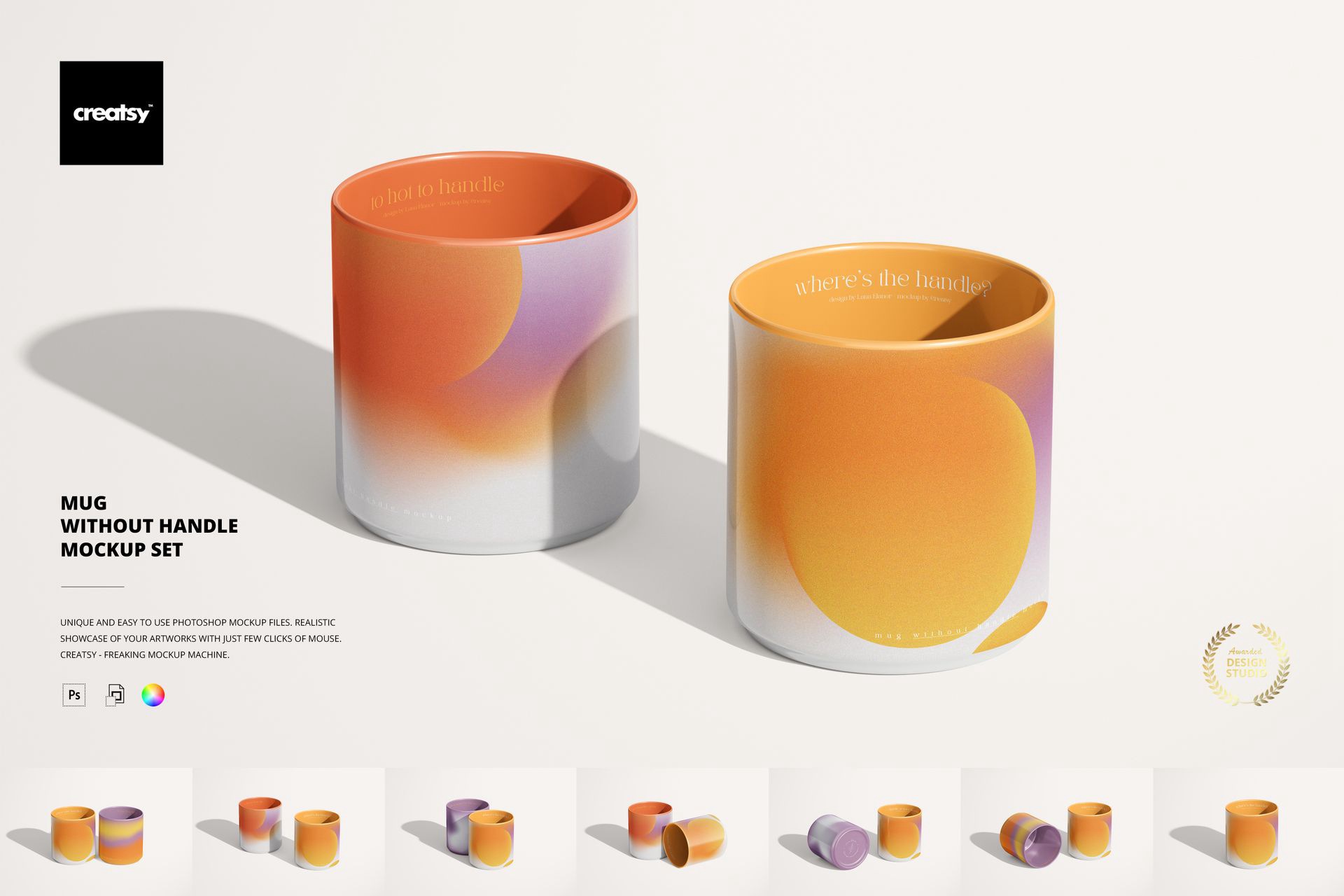 7款高级茶杯马克杯陶瓷杯印花图案VI设计PS展示贴图样机模板素材 Mug without Handle Mockup Set , 第1张-素材湾丨精选海外优质设计素材资源 7款高级茶杯马克杯陶瓷杯印花图案VI设计PS展示贴图样机模板素材 Mug without Handle Mockup Set , sucaiwan.com