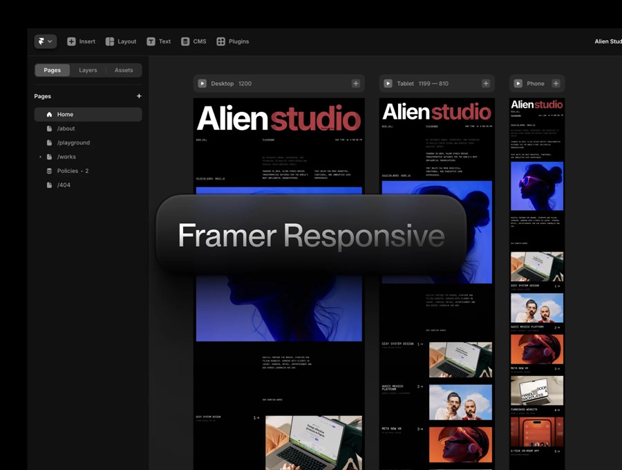 现代极简工作室设计师创意艺术展示Web网站网页作品集Figma/Framer页面排版布局UI设计套件Creative Alien Studio Framer Template APP UI sucaiwan.com