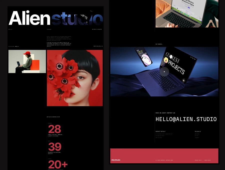 现代极简工作室设计师创意艺术展示Web网站网页作品集Figma/Framer页面排版布局UI设计套件Creative Alien Studio Framer Template APP UI sucaiwan.com