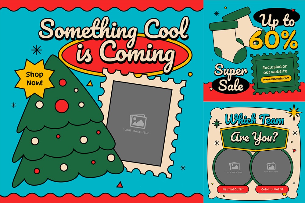 12款复古趣味卡通冬季圣诞节促销海报主图排版PSD/AI分层源文件Blue Groovy Winter Fashion Promo Set on Instagram 设计素材 sucaiwan.com