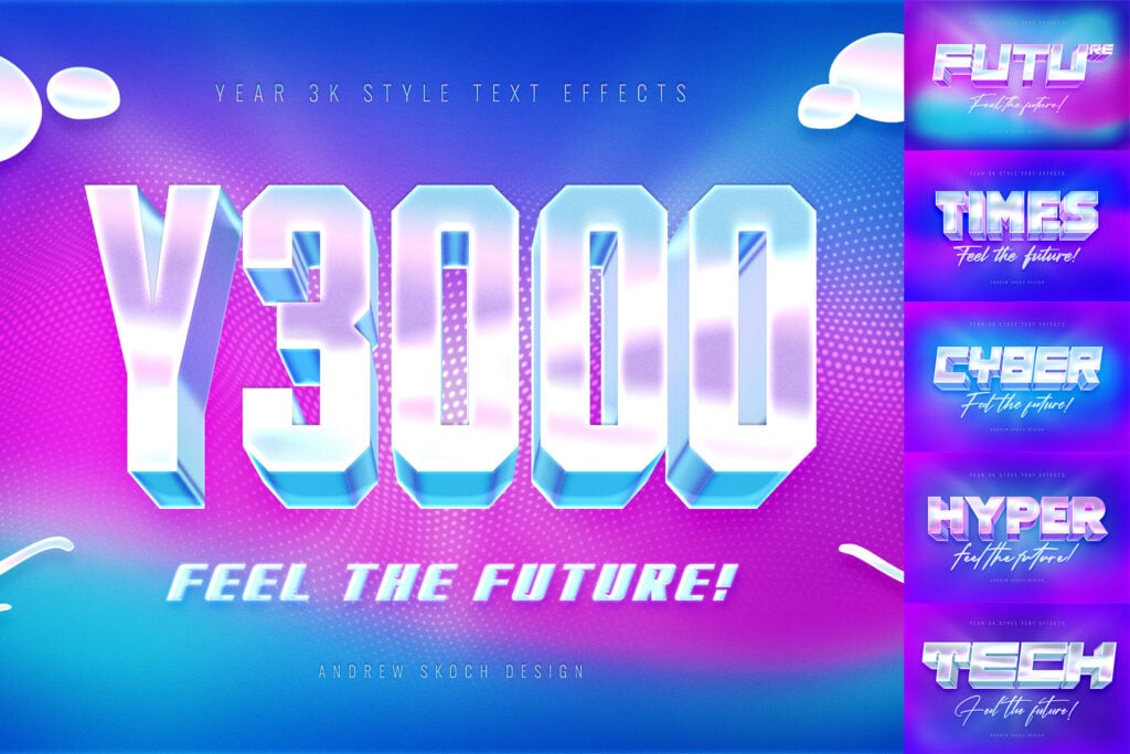 6款3D未来科幻Y2K金属镀铬文本标题logo徽标特效叠加PSD样机Y3K Text Effects 插件预设 sucaiwan.com