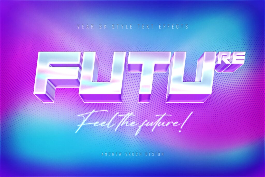 6款3D未来科幻Y2K金属镀铬文本标题logo徽标特效叠加PSD样机Y3K Text Effects 插件预设 sucaiwan.com
