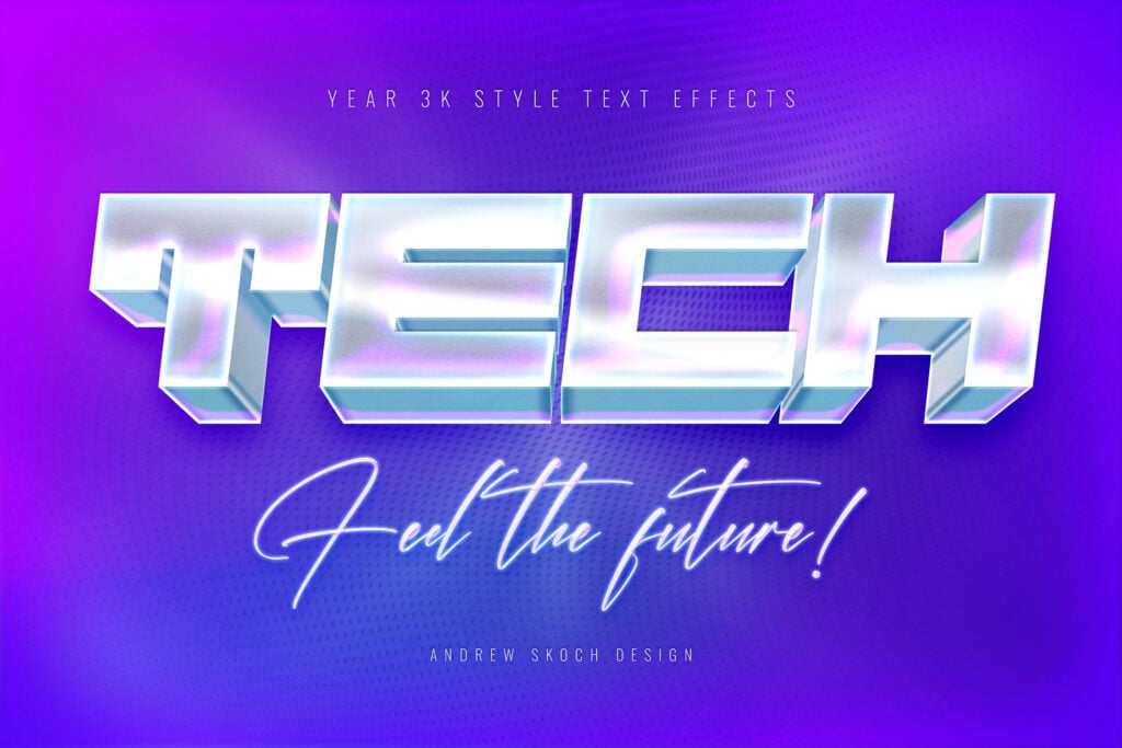 6款3D未来科幻Y2K金属镀铬文本标题logo徽标特效叠加PSD样机Y3K Text Effects 插件预设 sucaiwan.com