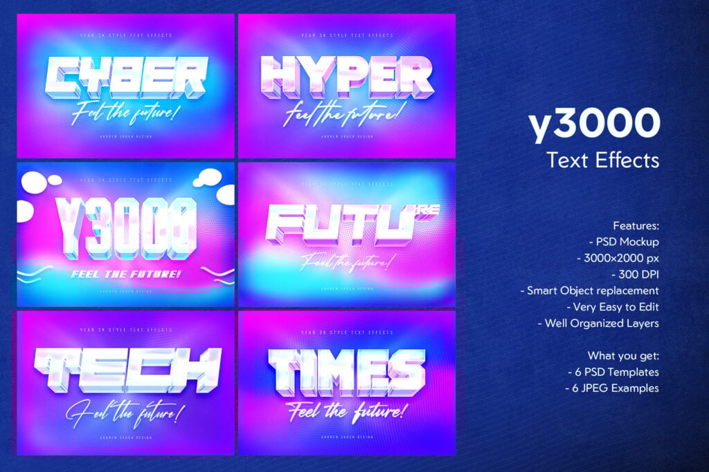 6款3D未来科幻Y2K金属镀铬文本标题logo徽标特效叠加PSD样机Y3K Text Effects 插件预设 sucaiwan.com