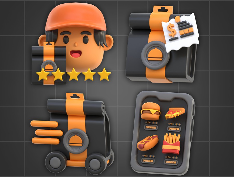 20款工业风3D质感订餐外卖送餐图标Icons设计FBX/OBJ/PNG格式素材 3D Icon Food Delivery 图标素材 sucaiwan.com