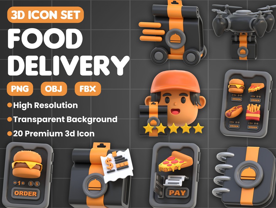 20款工业风3D质感订餐外卖送餐图标Icons设计FBX/OBJ/PNG格式素材 3D Icon Food Delivery 图标素材 sucaiwan.com