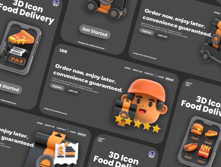 20款工业风3D质感订餐外卖送餐图标Icons设计FBX/OBJ/PNG格式素材 3D Icon Food Delivery 图标素材 sucaiwan.com