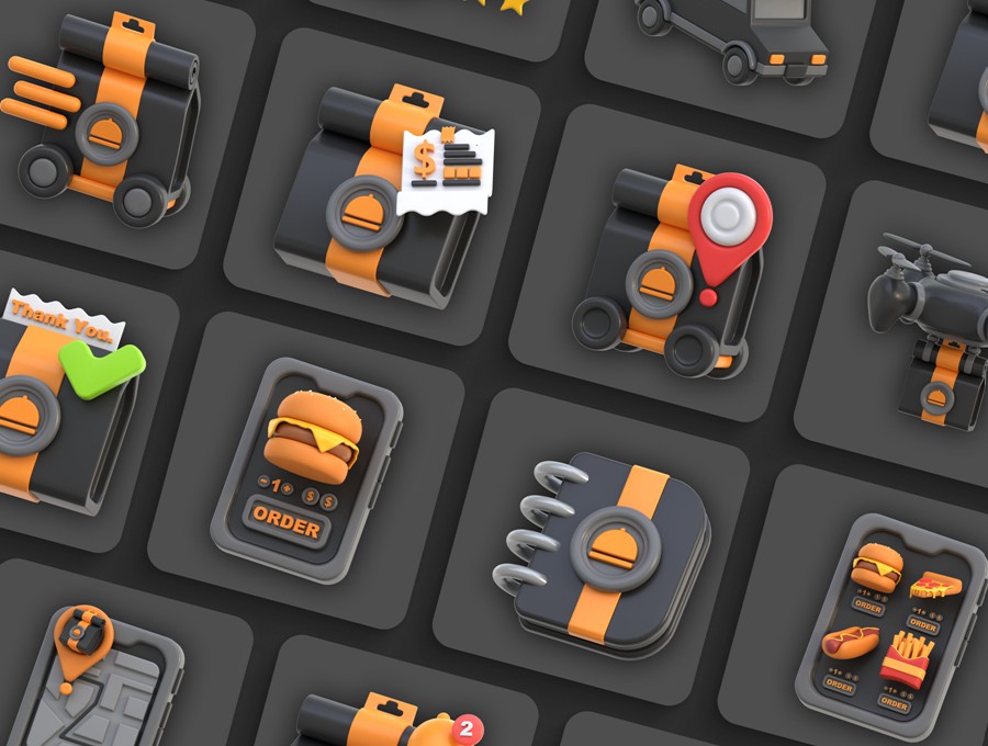 20款工业风3D质感订餐外卖送餐图标Icons设计FBX/OBJ/PNG格式素材 3D Icon Food Delivery 图标素材 sucaiwan.com