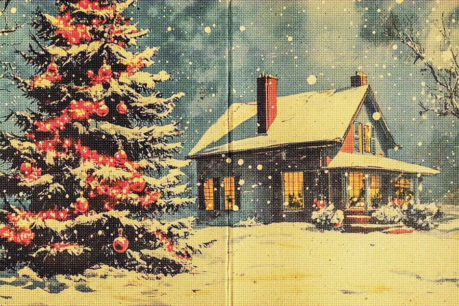 复古半色调圣诞节明信片照片效果ps特效滤镜样机 Vintage Halftone Postcard Effect 插件预设 sucaiwan.com
