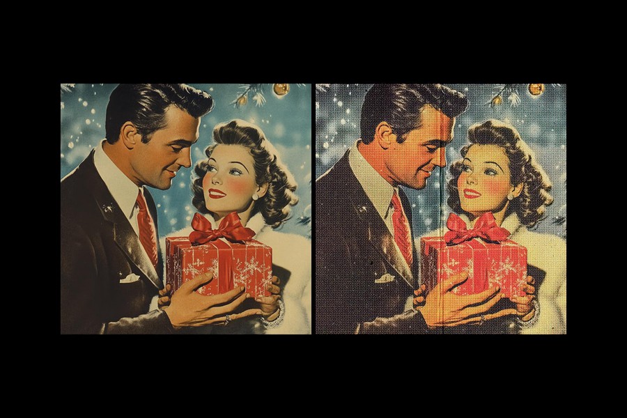 复古半色调圣诞节明信片照片效果ps特效滤镜样机 Vintage Halftone Postcard Effect 插件预设 sucaiwan.com