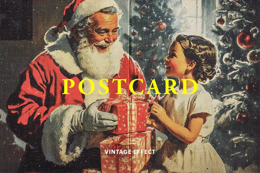 复古半色调圣诞节明信片照片效果ps特效滤镜样机 Vintage Halftone Postcard Effect 插件预设 sucaiwan.com
