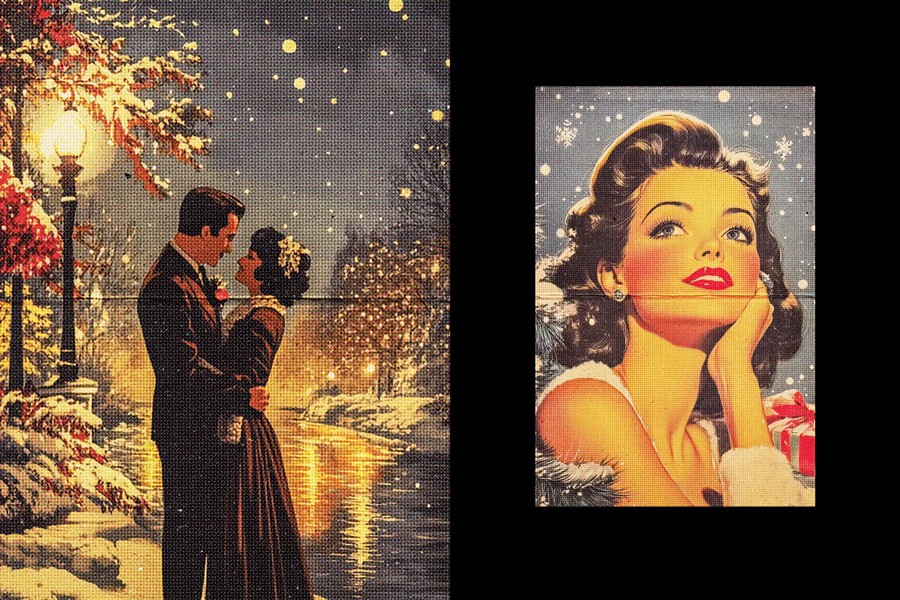 复古半色调圣诞节明信片照片效果ps特效滤镜样机 Vintage Halftone Postcard Effect 插件预设 sucaiwan.com