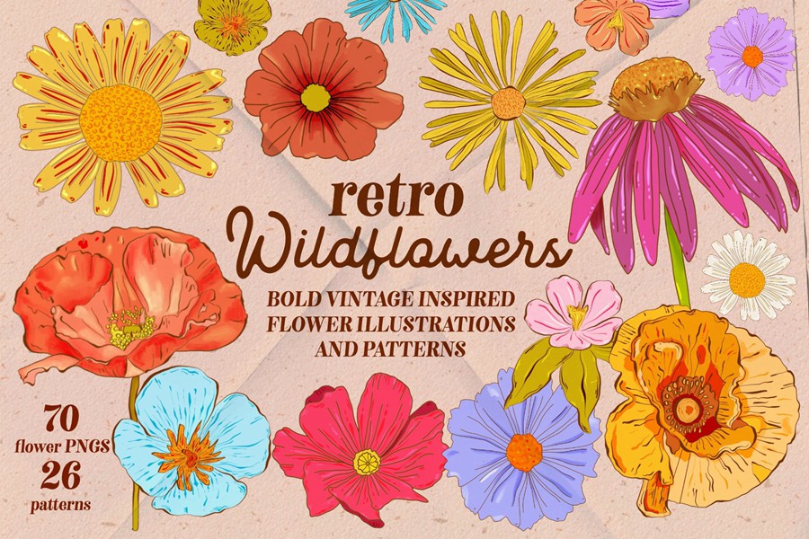 Retro Wildflowers - Bold Flowers 复古INS花卉插图和无缝图案 包装印刷 纺织印刷 海报设计 图片素材 第1张-素材湾丨精选海外优质设计素材资源 Retro Wildflowers - Bold Flowers 复古INS花卉插图和无缝图案 包装印刷 纺织印刷 海报设计 图片素材 sucaiwan.com