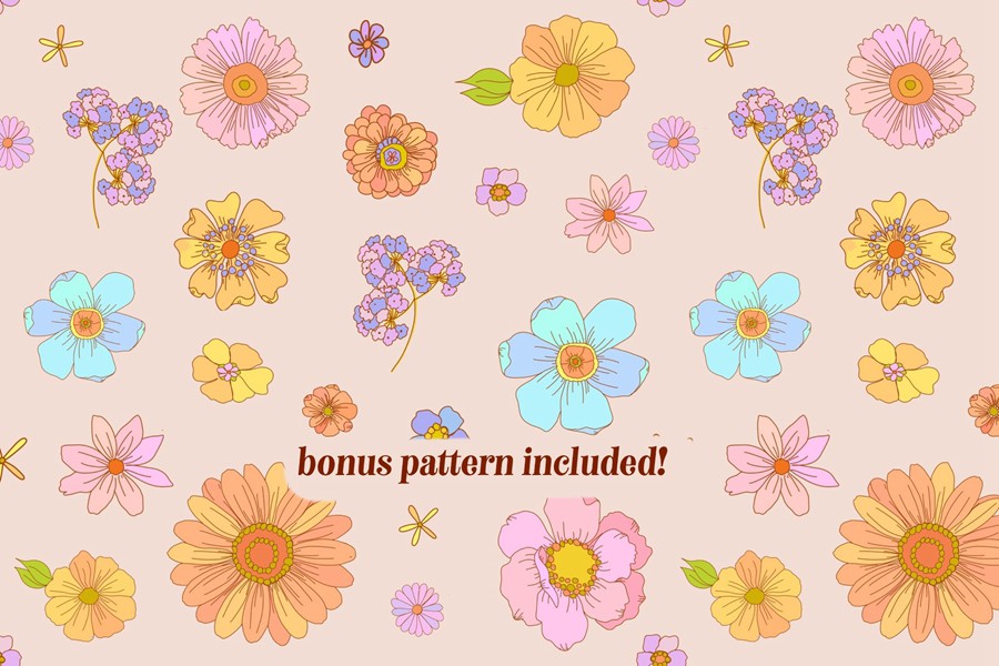 Retro Wildflowers - Bold Flowers 复古INS花卉插图和无缝图案 包装印刷 纺织印刷 海报设计 图片素材 第8张-素材湾丨精选海外优质设计素材资源 Retro Wildflowers - Bold Flowers 复古INS花卉插图和无缝图案 包装印刷 纺织印刷 海报设计 图片素材 sucaiwan.com