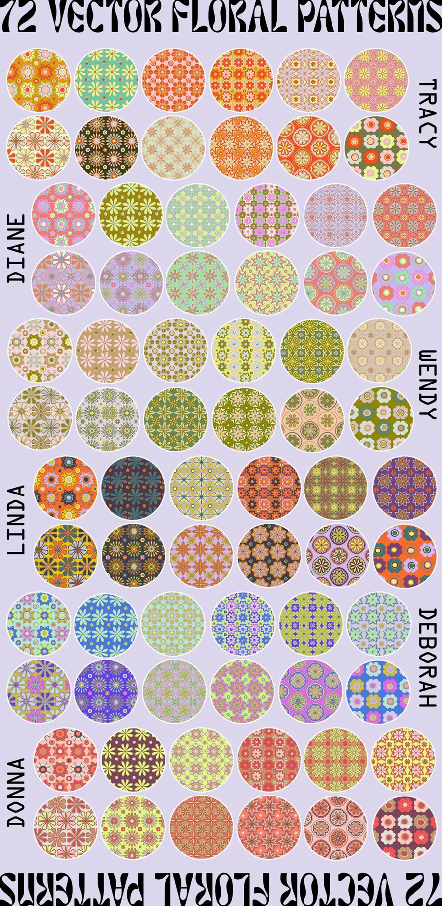 60年代复古时髦花卉PNG、AI矢量花卉图案系列拼贴元素、产品包装、纺织印刷、海报设计60s Vector Floral Patterns 图片素材 sucaiwan.com