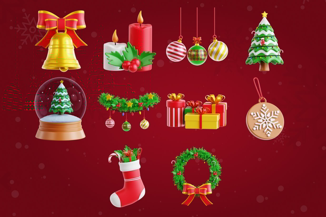 10款卡通趣味圣诞节节日礼物装饰3D图标Icons设计OBJ/PNG/BLEND格式素材 Christmas Decoration – 3D Icon Set 图标素材 sucaiwan.com