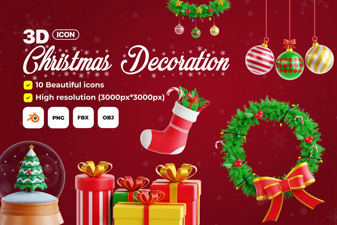 10款卡通趣味圣诞节节日礼物装饰3D图标Icons设计OBJ/PNG/BLEND格式素材 Christmas Decoration – 3D Icon Set 图标素材 sucaiwan.com