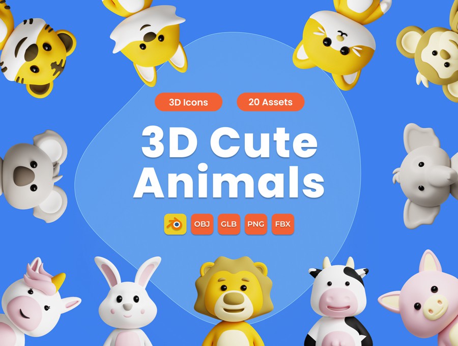 20款可爱卡通动物3D插画插图图标Icons设计Blender/FBX/PNG格式素材 3D Cute Animals Illustrations Pack 图标素材 第1张-素材湾丨精选海外优质设计素材资源 20款可爱卡通动物3D插画插图图标Icons设计Blender/FBX/PNG格式素材 3D Cute Animals Illustrations Pack 图标素材 sucaiwan.com