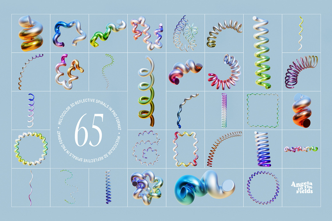 100+复古70年代迷幻科技金属镀铬弹簧线条AI矢量几何网格PNG元素插画设计套装3D Loops & Grids , sucaiwan.com