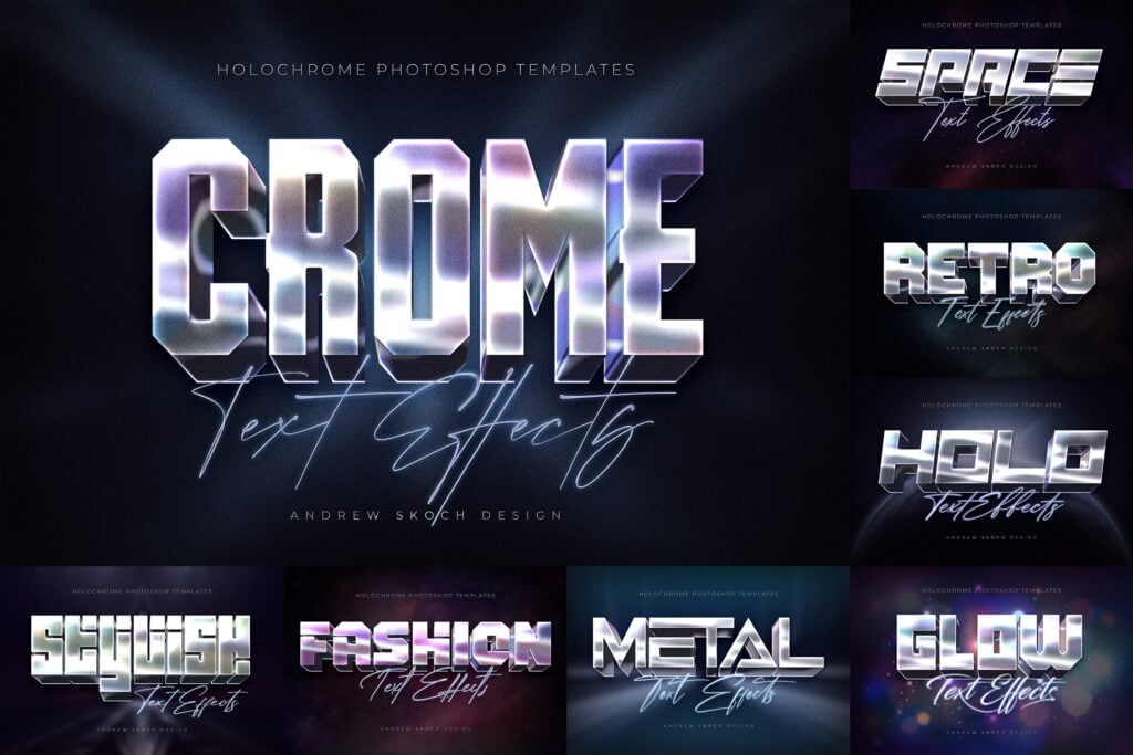 8款全息渐变金属镀铬现代未来3D立体海报标题Logo设计PS特效滤镜样机模板 Holochrome Text and Logo Effects 插件预设 sucaiwan.com