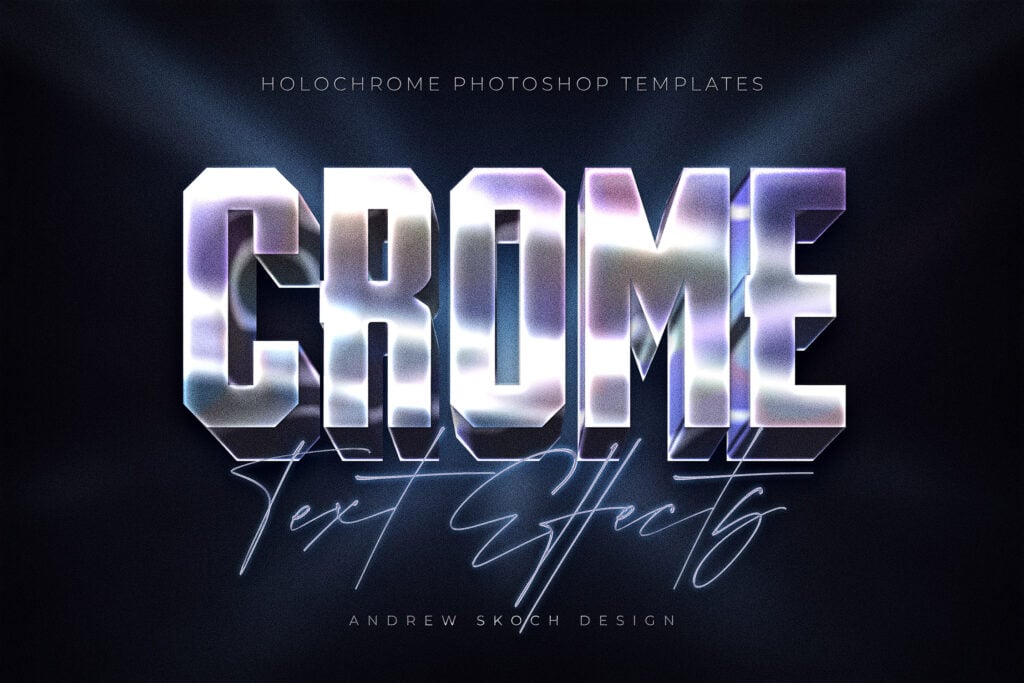 8款全息渐变金属镀铬现代未来3D立体海报标题Logo设计PS特效滤镜样机模板 Holochrome Text and Logo Effects 插件预设 sucaiwan.com