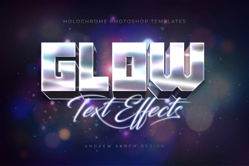 8款全息渐变金属镀铬现代未来3D立体海报标题Logo设计PS特效滤镜样机模板 Holochrome Text and Logo Effects 插件预设 sucaiwan.com