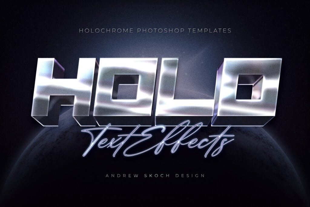 8款全息渐变金属镀铬现代未来3D立体海报标题Logo设计PS特效滤镜样机模板 Holochrome Text and Logo Effects 插件预设 sucaiwan.com