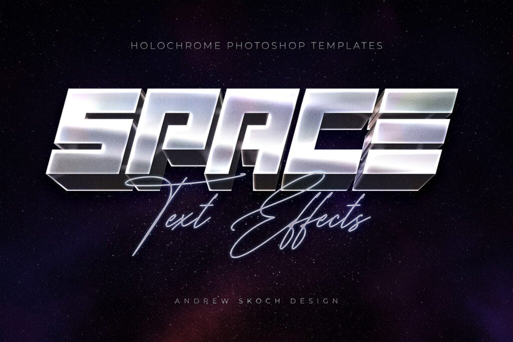 8款全息渐变金属镀铬现代未来3D立体海报标题Logo设计PS特效滤镜样机模板 Holochrome Text and Logo Effects 插件预设 sucaiwan.com